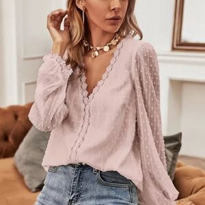 Frenchy Swiss Dot Lace Panel Blouse Shirt Top Baby Pink Deep V Neck (P20)